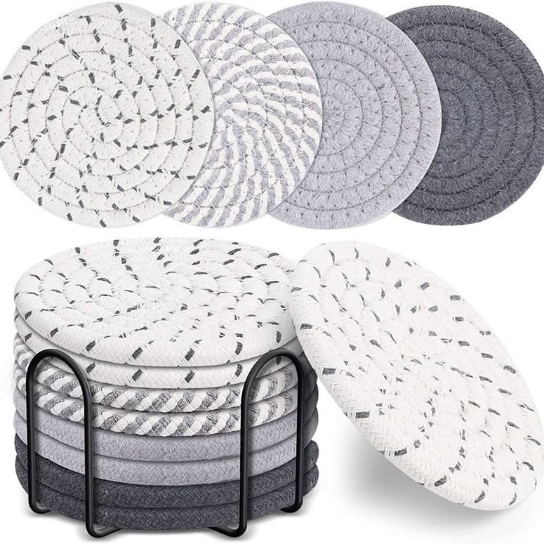 Grey Absorbent Woven Cotton Coasters - 8-Piece Set with Metal Holder