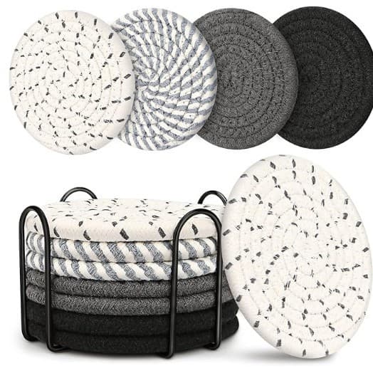 Beige and Black Absorbent Woven Cotton Coasters - 8-Piece Set with Metal
