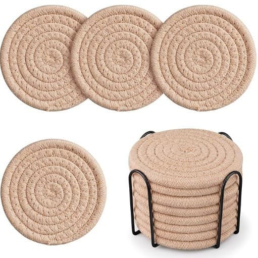 Beige Absorbent Woven Cotton Coasters - 8-Piece Set with Metal Holder