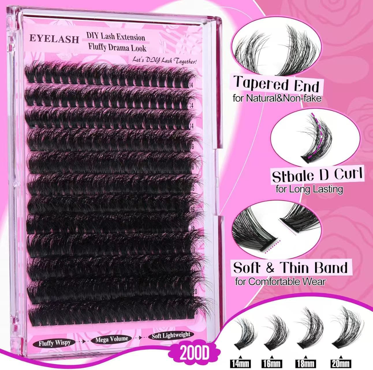 3-Piece Black Mega Volume 200D DIY Lash Clusters - D Curl Faux Mink, Fluffy