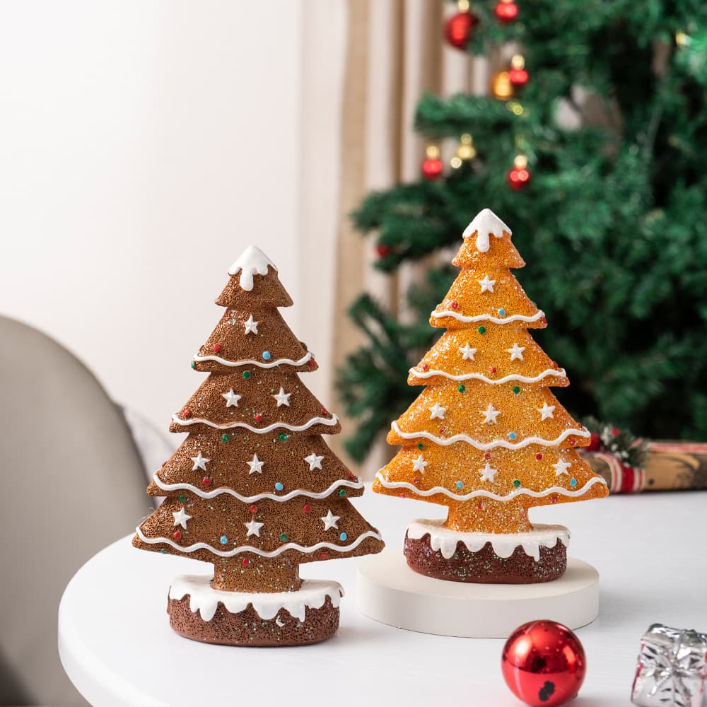 2-Piece (1 Yellow + 1 Brown) Charming Gingerbread Christmas Tree Figurine