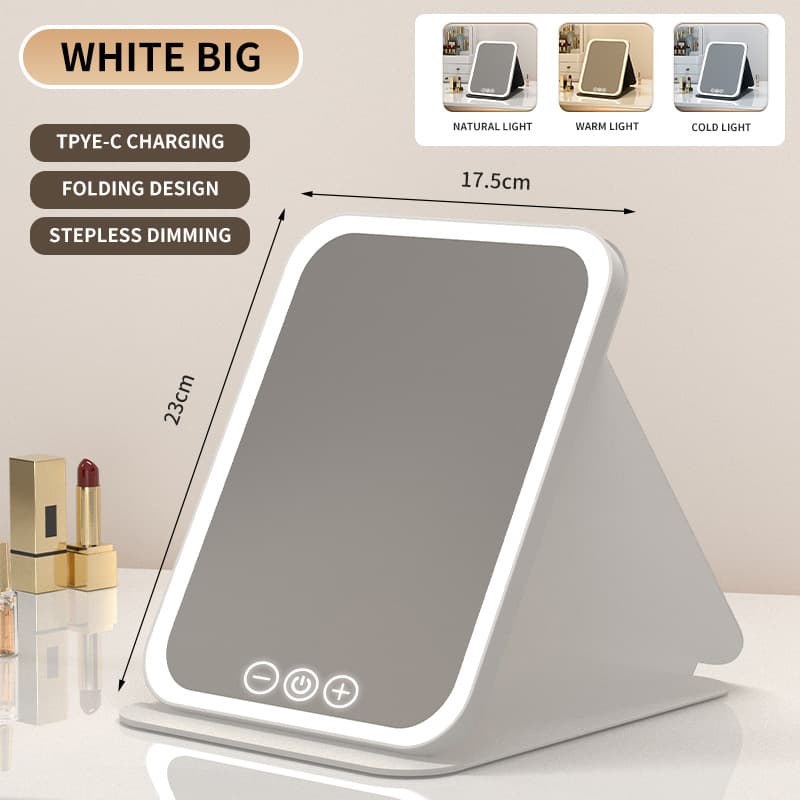 White Large Foldable LED Makeup Mirror - Portable Desktop Vanity with 3