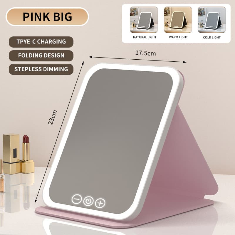 Pink Large Foldable LED Makeup Mirror - Portable Desktop Vanity with 3 Color