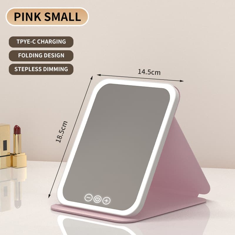 Pink Small Foldable LED Makeup Mirror - Portable Desktop Vanity with 3 Color