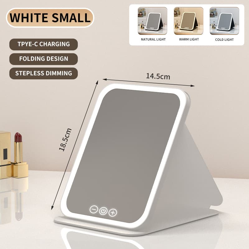 White Small Foldable LED Makeup Mirror - Portable Desktop Vanity with 3
