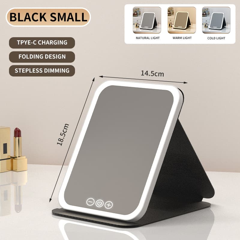 Black Small Foldable LED Makeup Mirror - Portable Desktop Vanity with 3