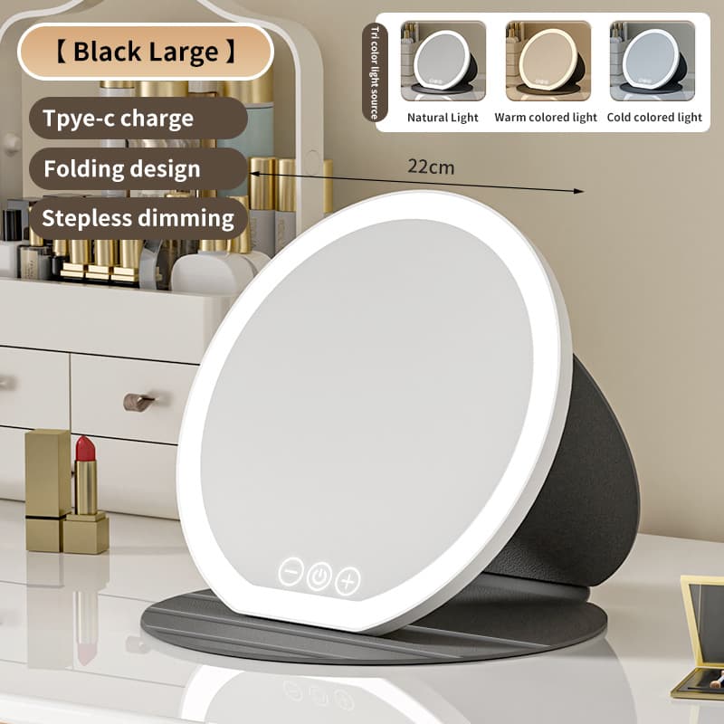 Black Large Round Foldable LED Makeup Mirror - 22 cm Desktop Vanity with 3
