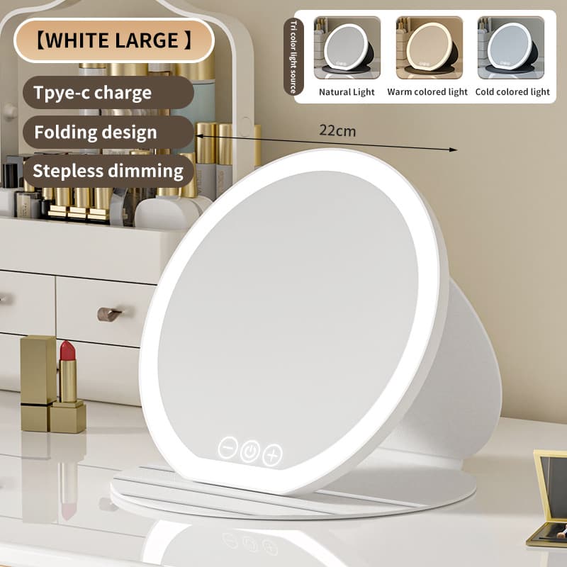White Large Round Foldable LED Makeup Mirror - 22 cm Desktop Vanity with 3