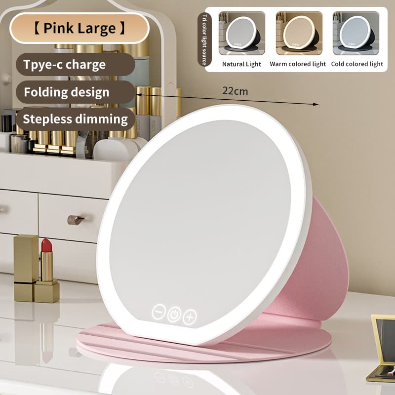 Pink Large Round Foldable LED Makeup Mirror - 22 cm Desktop Vanity with 3