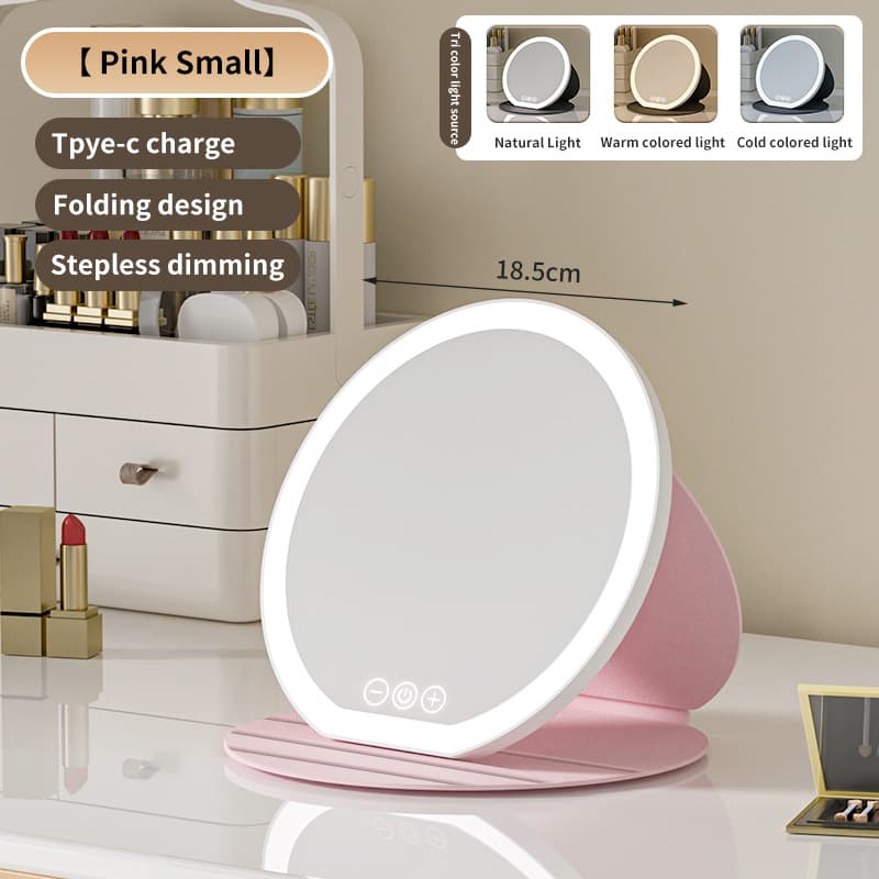 Pink Small Round Foldable LED Makeup Mirror - 18.5 cm Desktop Vanity with 3