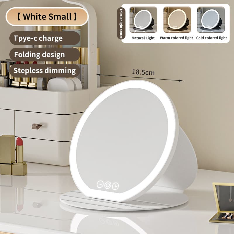 White Small Round Foldable LED Makeup Mirror - 18.5 cm Desktop Vanity with 3