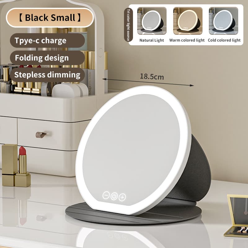 Black Small Round Foldable LED Makeup Mirror - 18.5 cm Desktop Vanity with 3