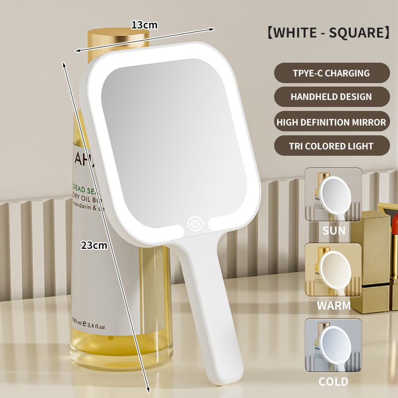 White Square Portable Handheld LED Makeup Mirror - USB-C Rechargeable with 3