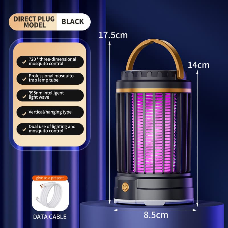 Black Portable 3-in-1 Electric Mosquito Zapper Lamp - UV Bug Killer, Warm