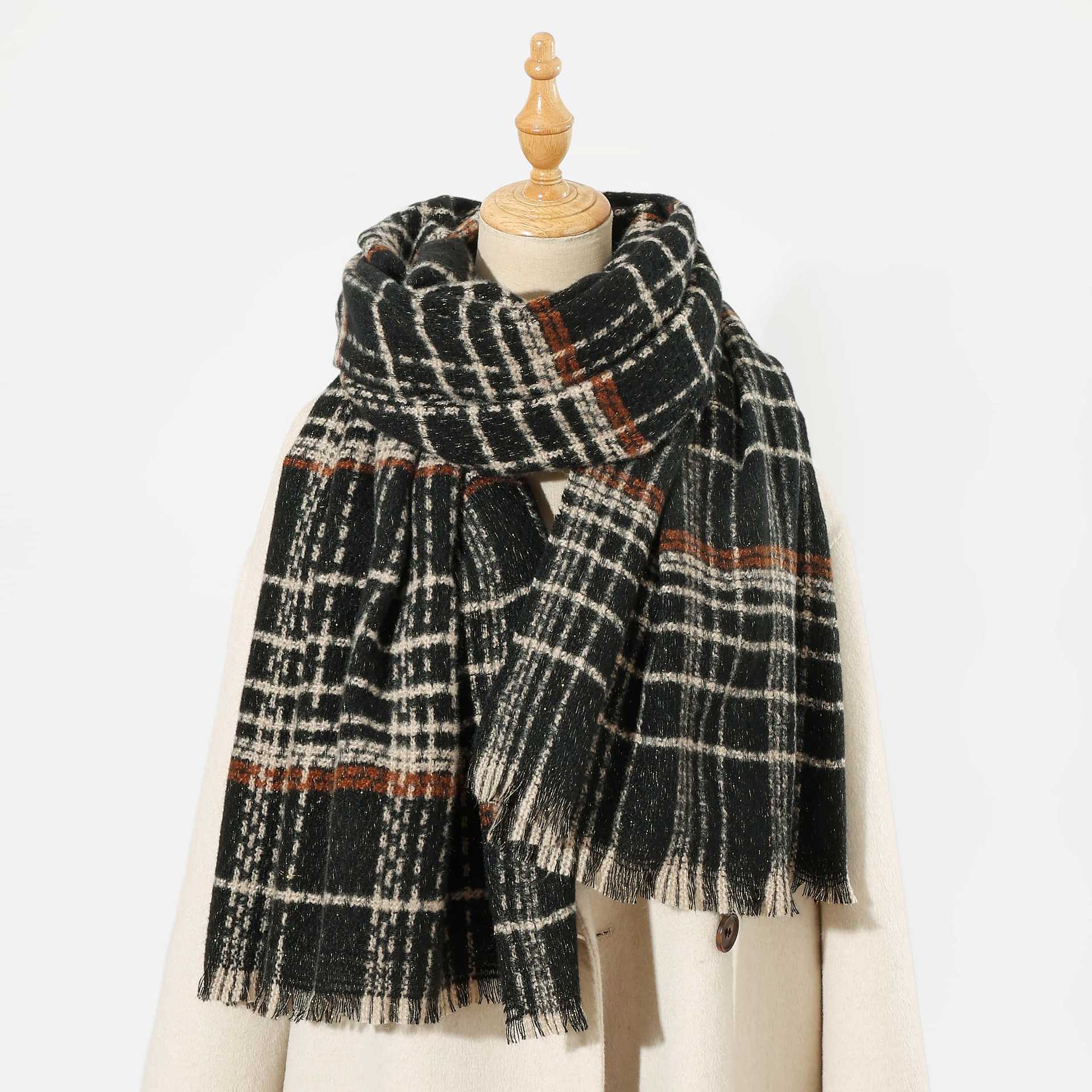 Black Plaid Winter Scarf - Large Soft Polyester Shawl Wrap with Tassels