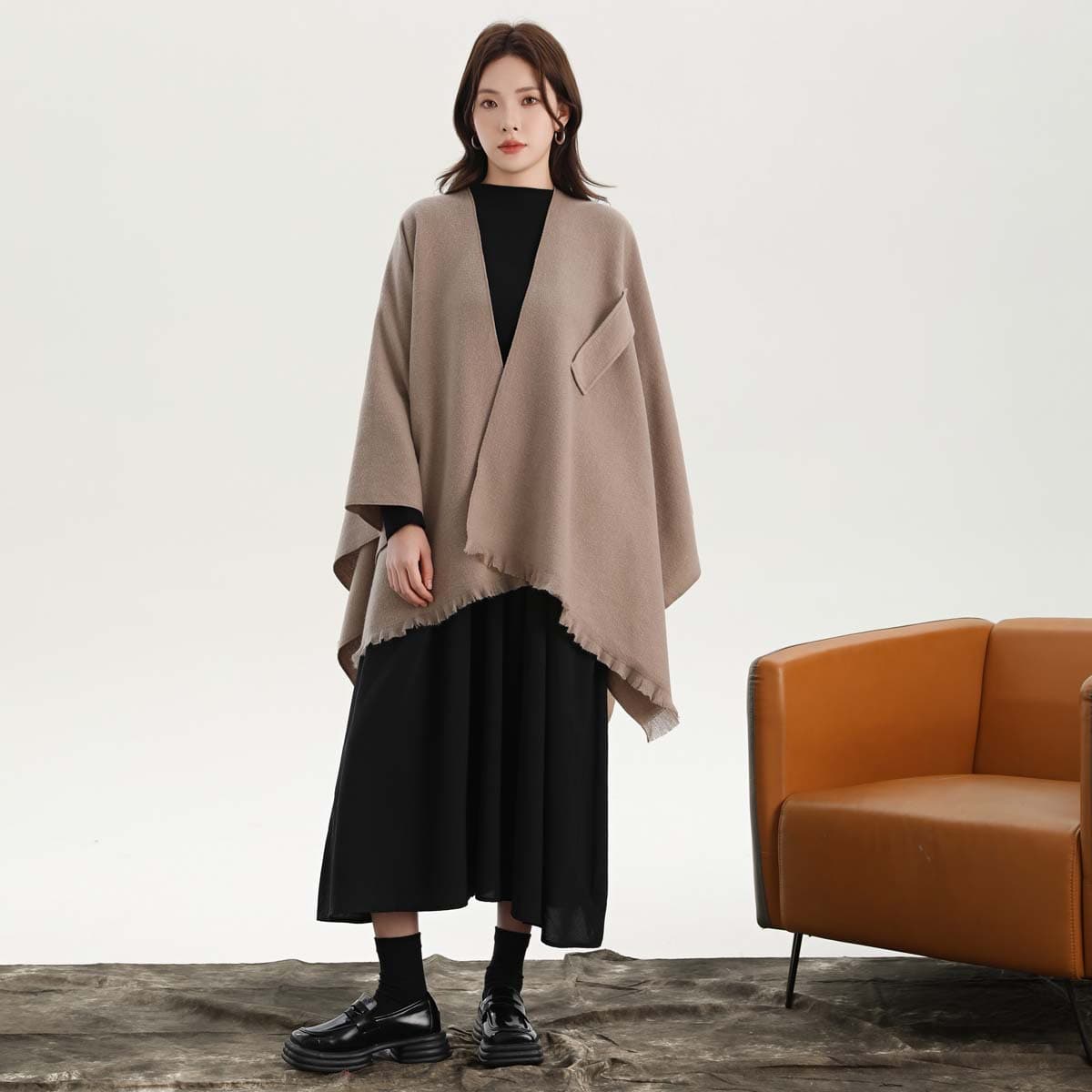 Khaki Soft Knit Poncho Cape - Warm Autumn Winter Shawl Wrap with Side Tie
