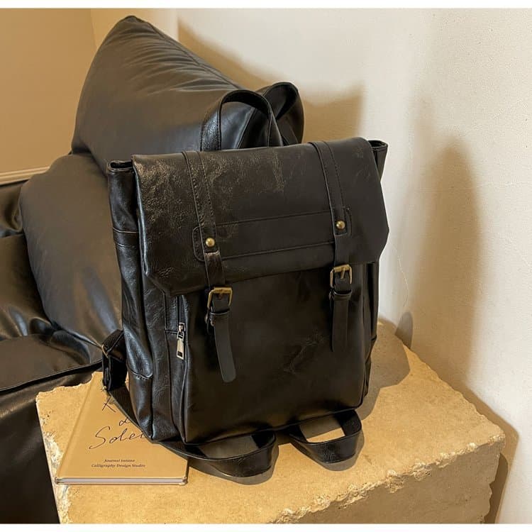 Black Vintage Style PU Leather Backpack - Large Capacity Women's Rucksack
