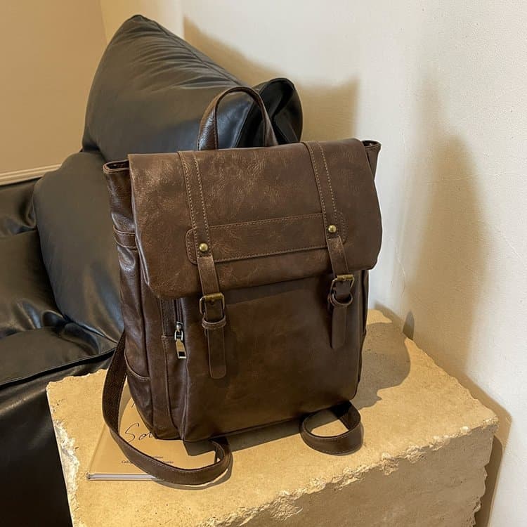 Brown Vintage Style PU Leather Backpack - Large Capacity Women's Rucksack