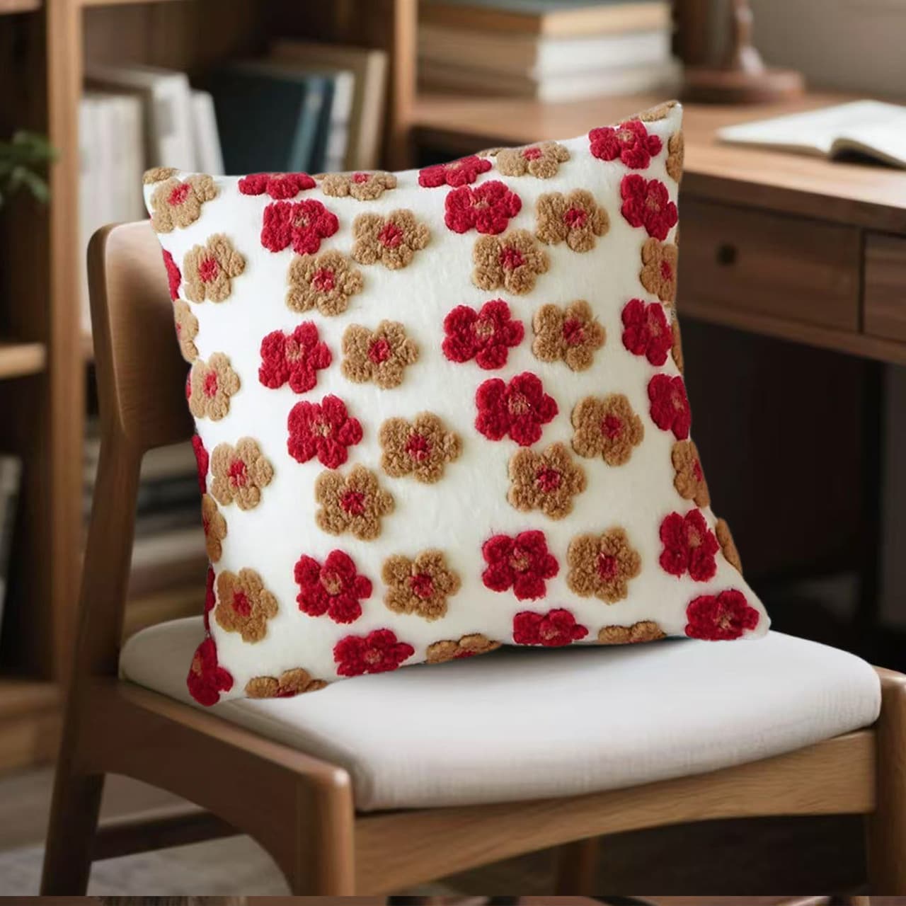 Red and Brown Charming 3D Floral Plush Cushion Covers - 4-Piece - Red Brown