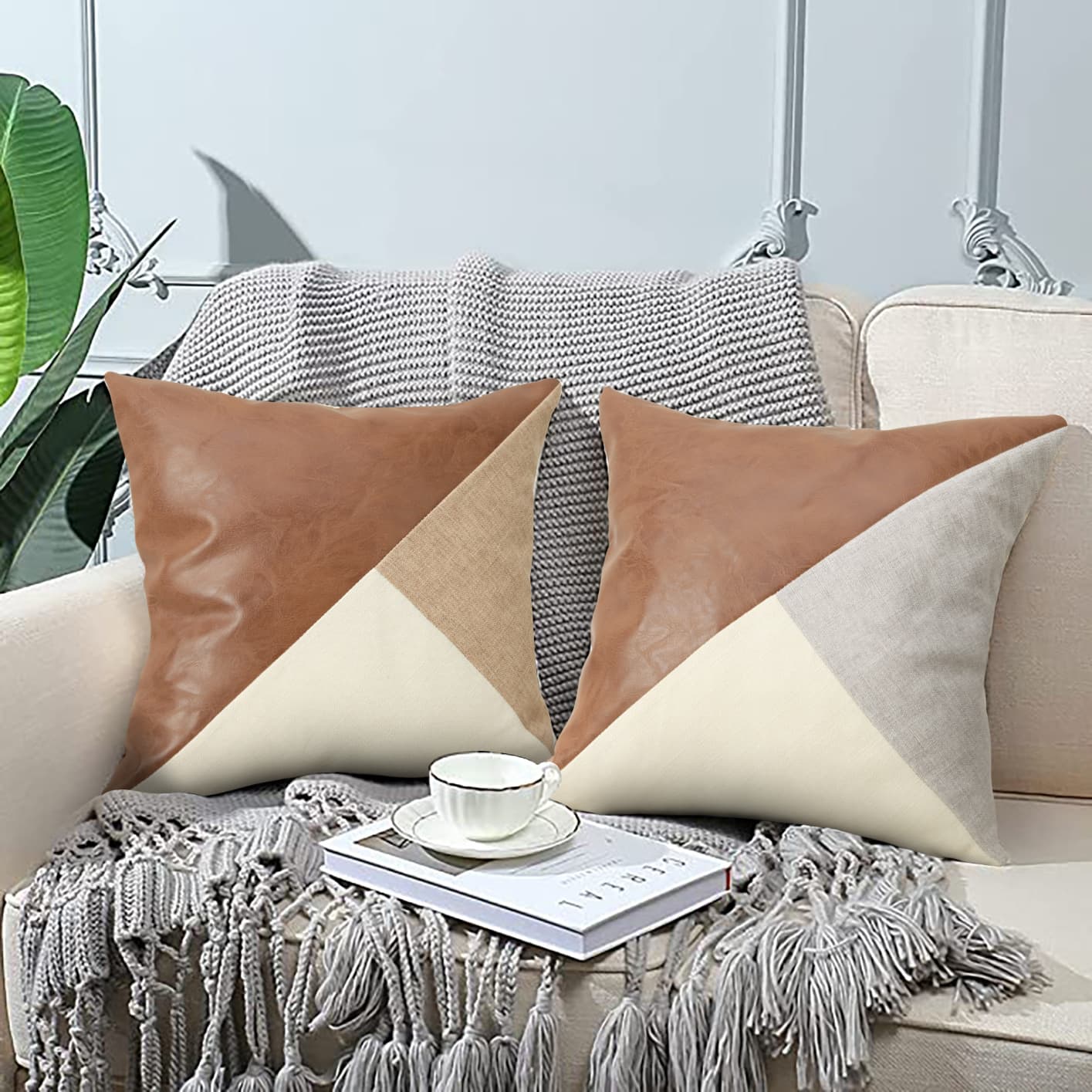Khaki and Gray Modern Geometric Faux Leather & Cotton-Linen Cushion Covers