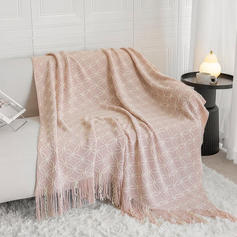 Pink Cozy Geometric Knitted Throw Blanket with Tassels - Soft Acrylic