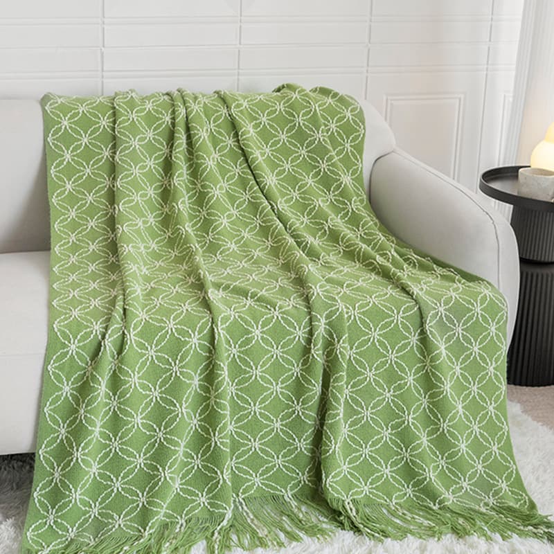 Light Green Cozy Geometric Knitted Throw Blanket with Tassels - Soft Acrylic