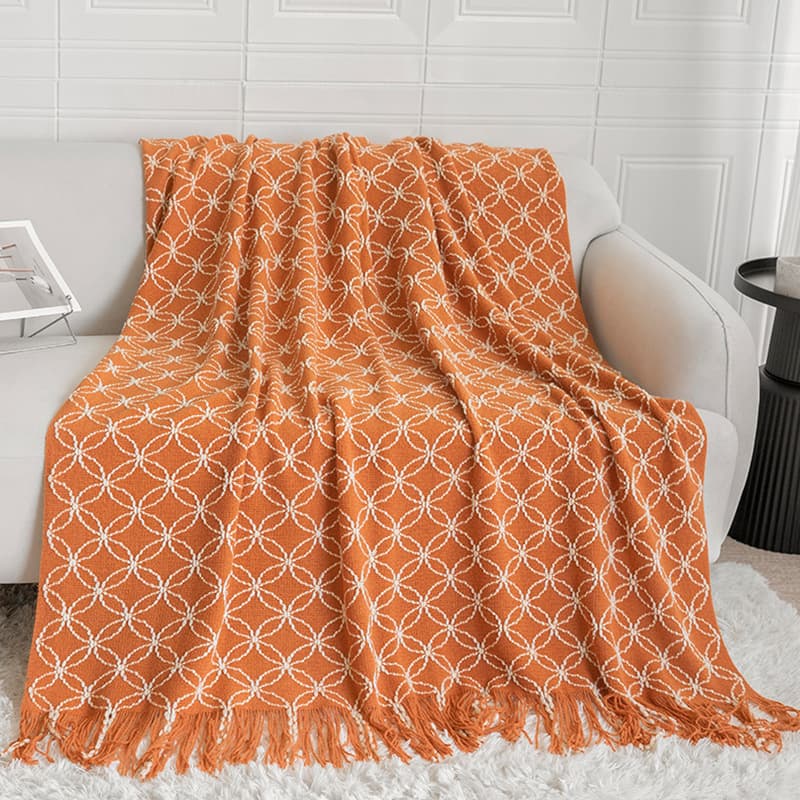 Orange Cozy Geometric Knitted Throw Blanket with Tassels - Soft Acrylic