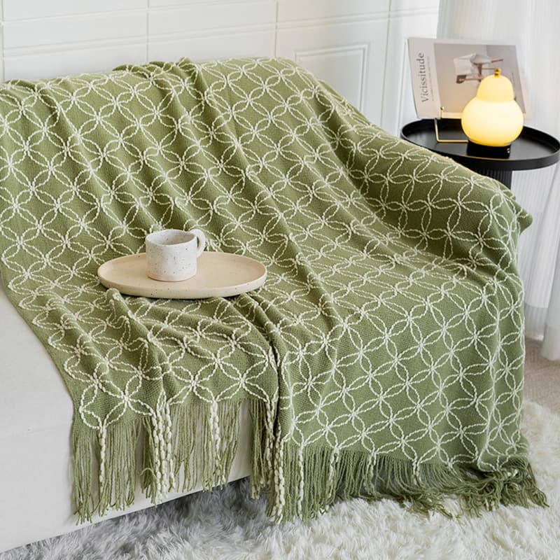 Dark Green Cozy Geometric Knitted Throw Blanket with Tassels - Soft Acrylic