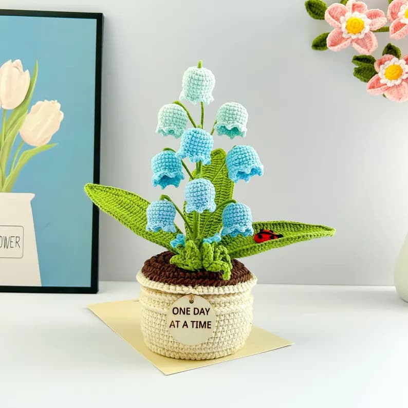 Blue Handmade Crochet Lily of the Valley Potted Plant - Gradient Blue Flower