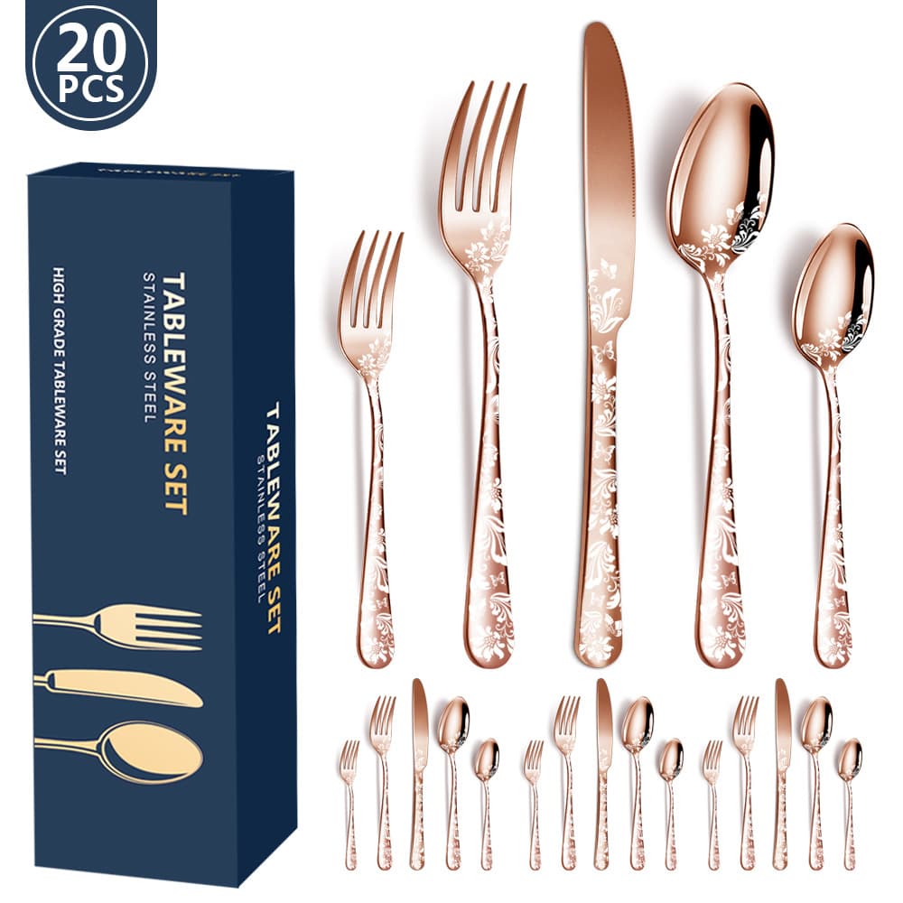 Rose Gold 20-Piece Stainless Steel Cutlery Set with Floral Design - Dinner