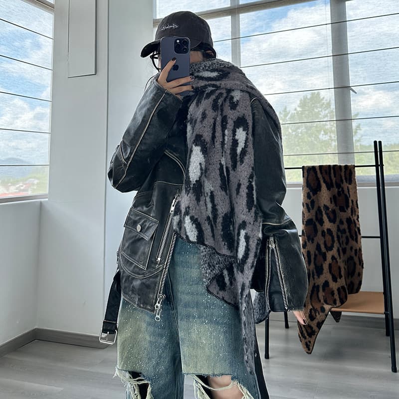 Grey Leopard Luxurious Thick Faux Cashmere Knitted Shawl - Versatile 55 ×