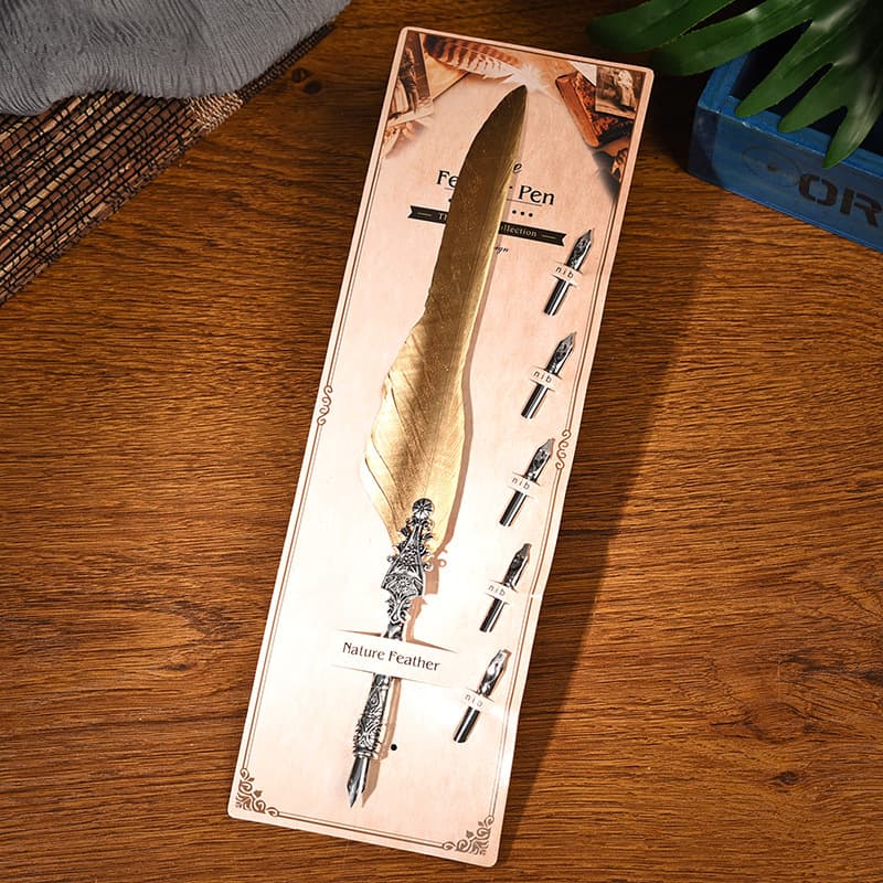 Sword Plume Gold European Dip Feather Quill Pen Set - 2-Piece Retro Business