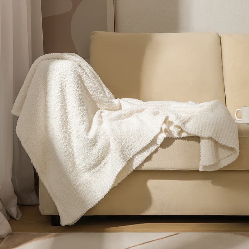 Beige Solid Color Plush Knitted Blanket for Sofa and Office, 152 × 203 cm