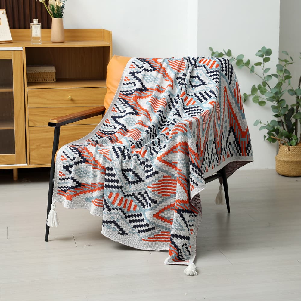 Red-blue Bohemian Knitted Sofa Blanket, 130 × 170 cm, 900g, Ideal - Red blue