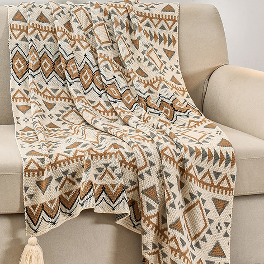 Beige-grey Bohemian Knitted Sofa Blanket, 130 × 170 cm, 900g - Beige grey