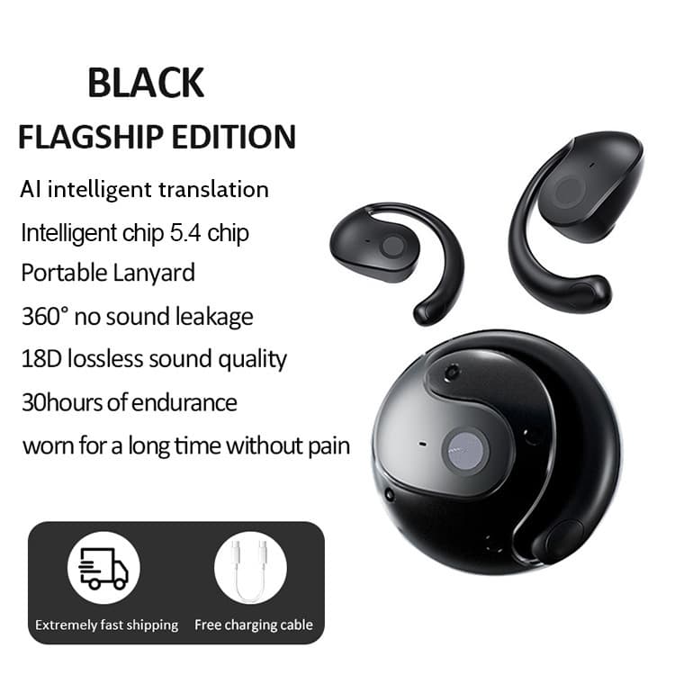 Black T2 AI Smart Translation Earbuds - Open-Ear OWS Bluetooth 5.4