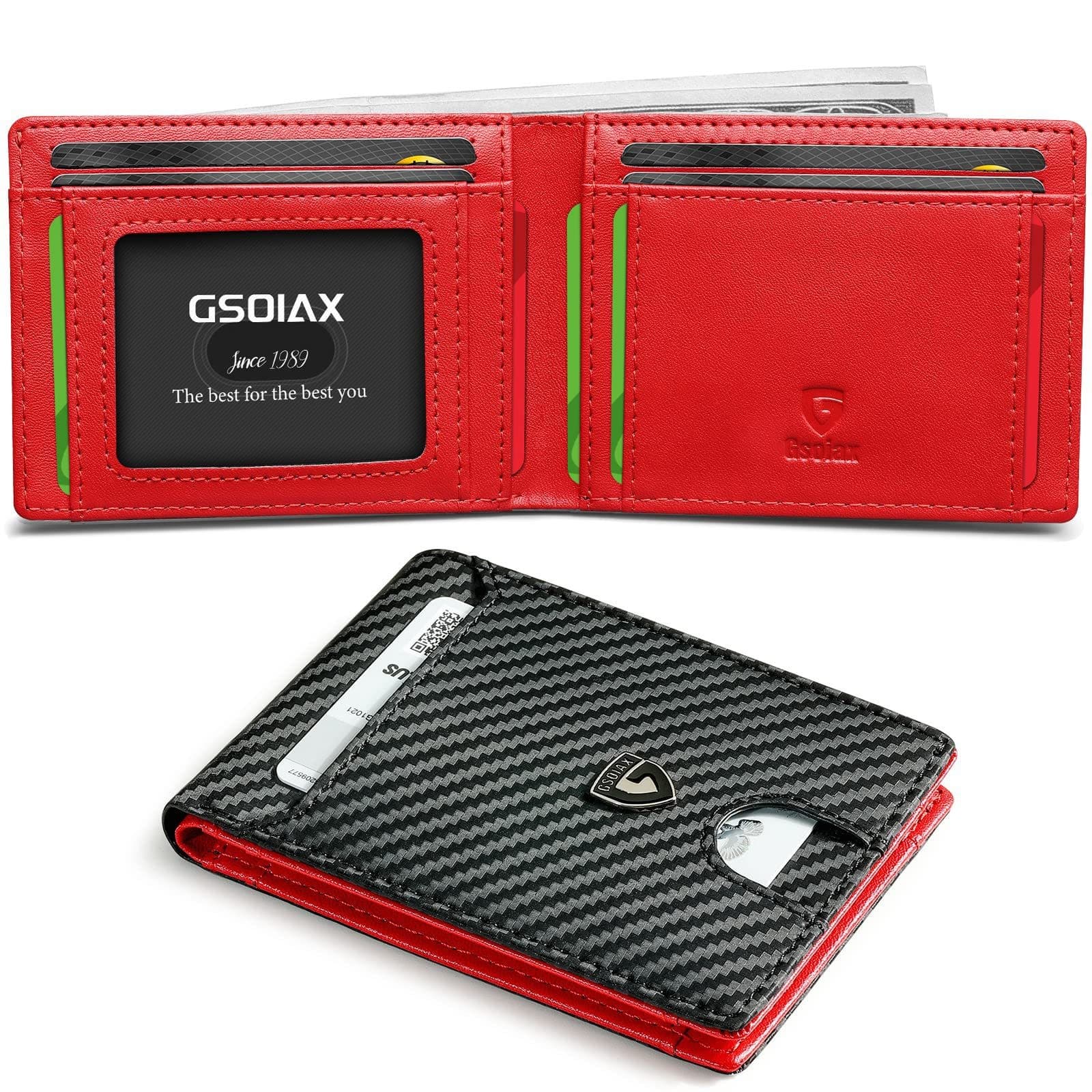 Men's Slim Leather Bifold Wallet - RFID Blocking, 11 - Twill Black And Red