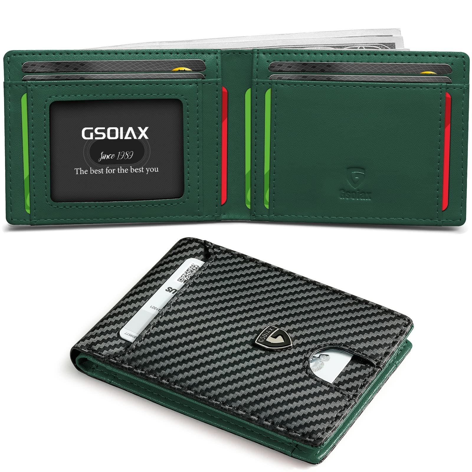 Men's Slim Leather Bifold Wallet - RFID Blocking, 11 Card - Carbon Green