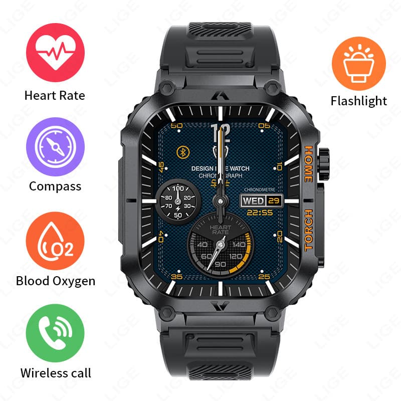 Smartwatch with Flashlight, Compass & Wireless Calling - Health & Fitness