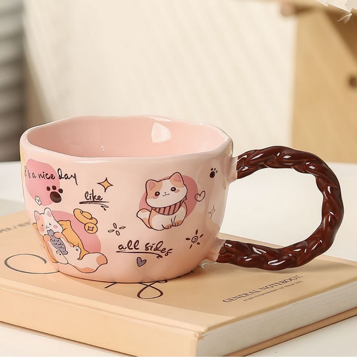 Whimsical Cat & Friends Ceramic Mug - 320 ml with Unique Twisted - Pink