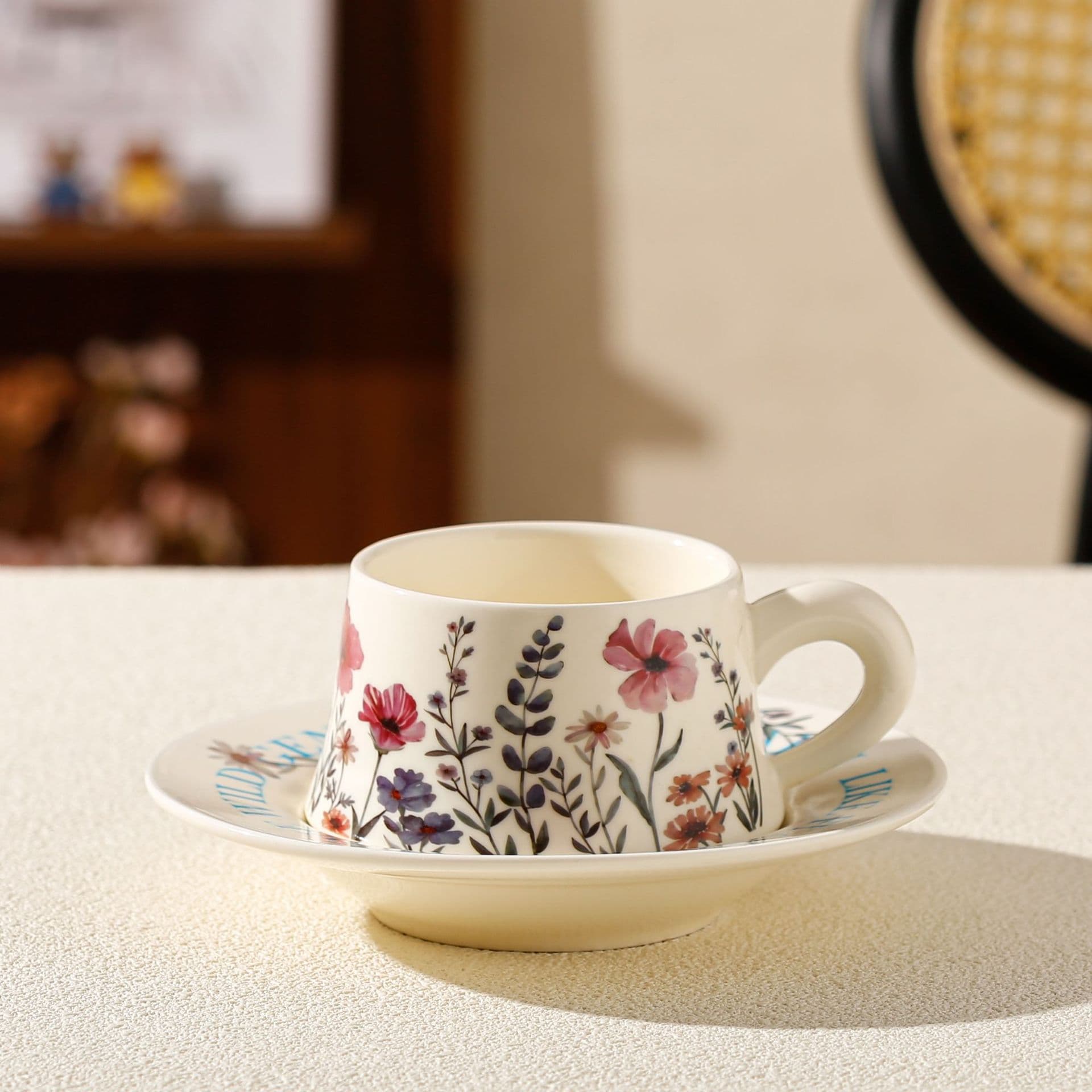 Vintage Floral Ceramic Coffee Cup & Saucer Set - White Pink Flowers