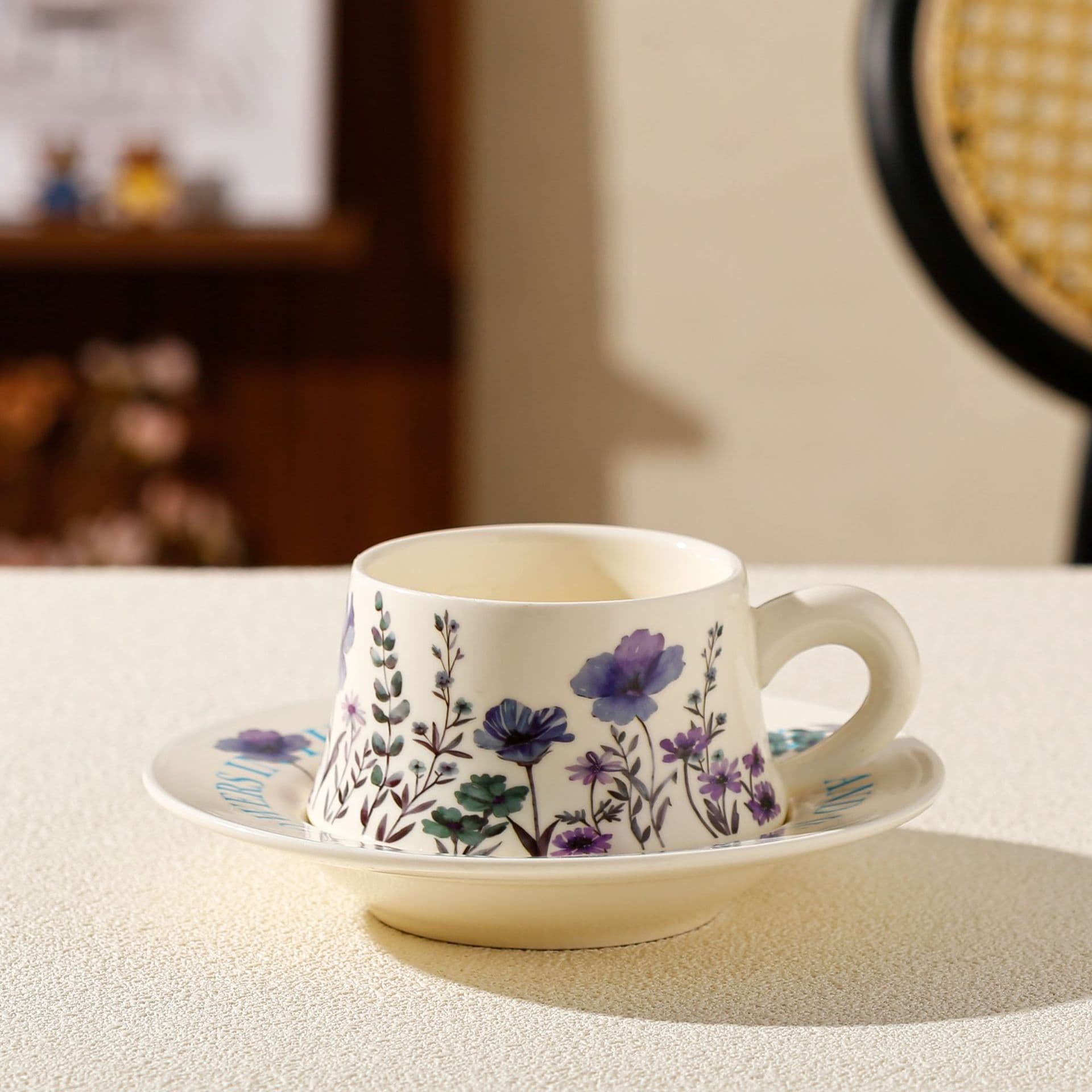 Vintage Floral Ceramic Coffee Cup & Saucer Set - White Purple Flowers