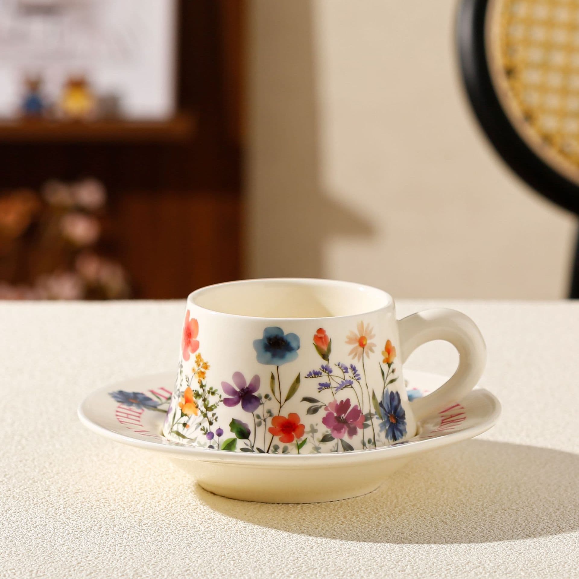 Vintage Floral Ceramic Coffee Cup & Saucer Set - White Colorful Flowers
