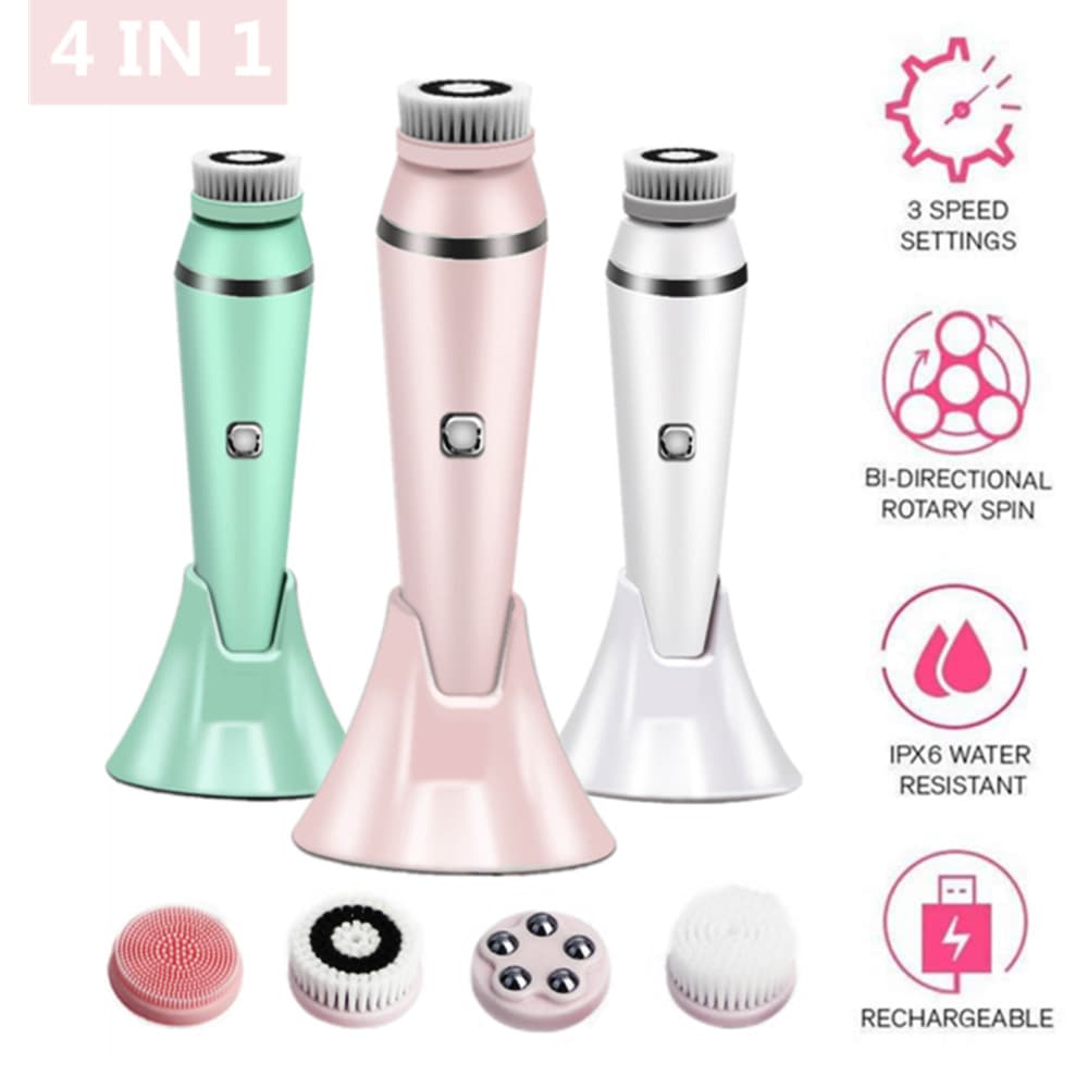 4-in-1 Electric Facial Cleansing Brush & Massager - IPX6 Waterproof - Pink