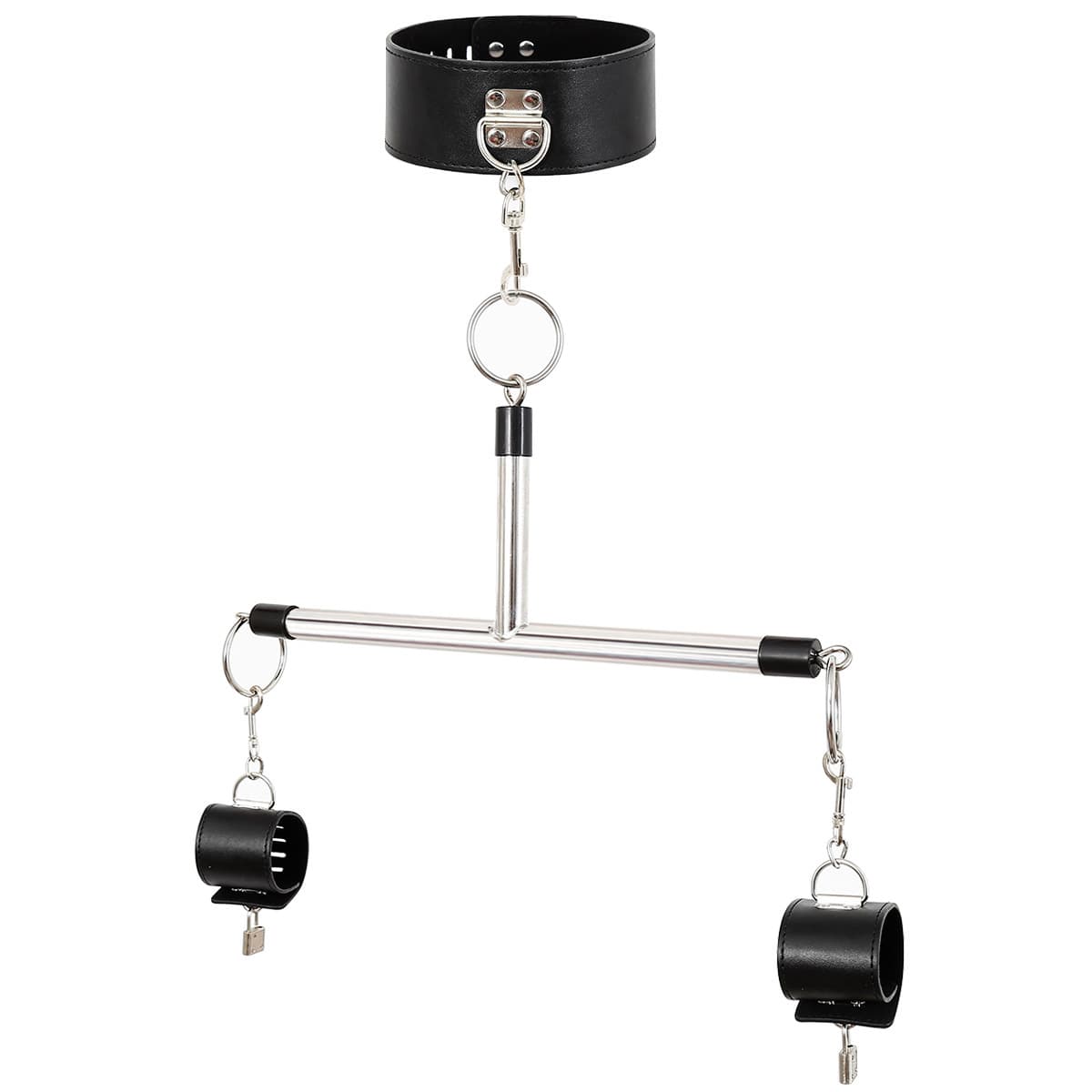 Adjustable PU Leather Collar & Locking Handcuff Spreader Bar Set - Black