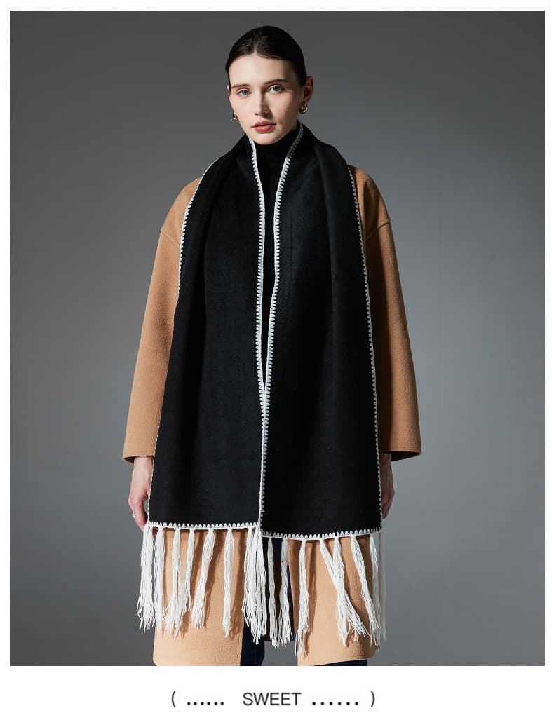 Black Contrast Edge & Tassel Scarf - Autumn/Winter Neckwear (190 × 30 cm)