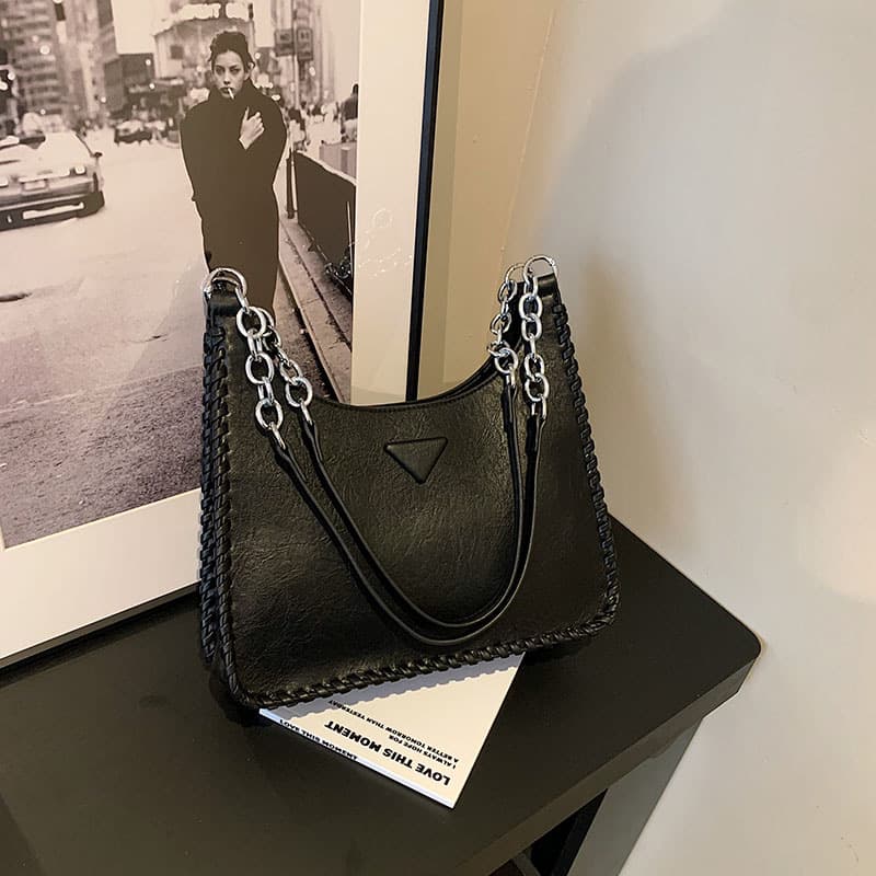 Black PU Leather Shoulder Bag with Chain Strap & Whipstitch Detail