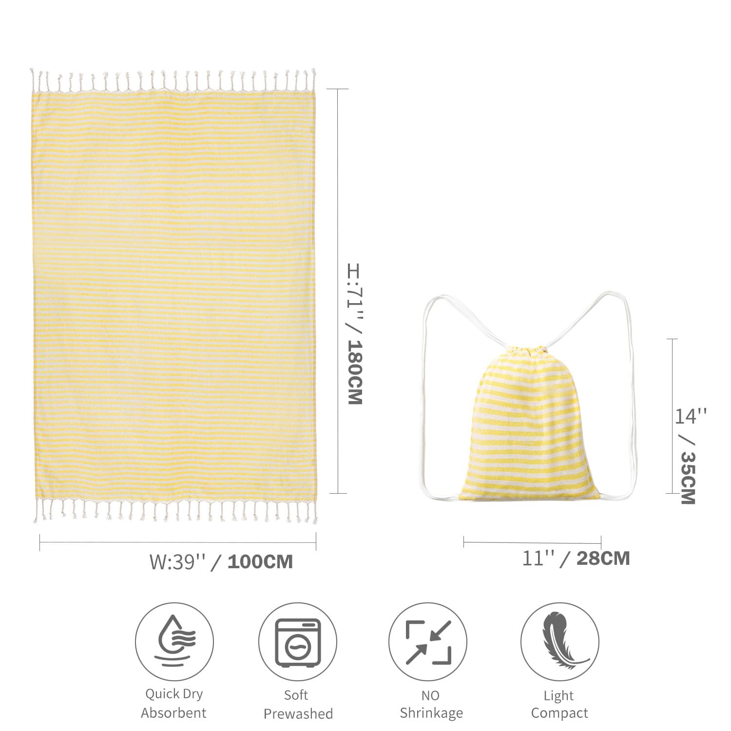 Yellow Lightweight Nylon Drawstring Tote Bag - Multi-Pocket Casual Shoulder