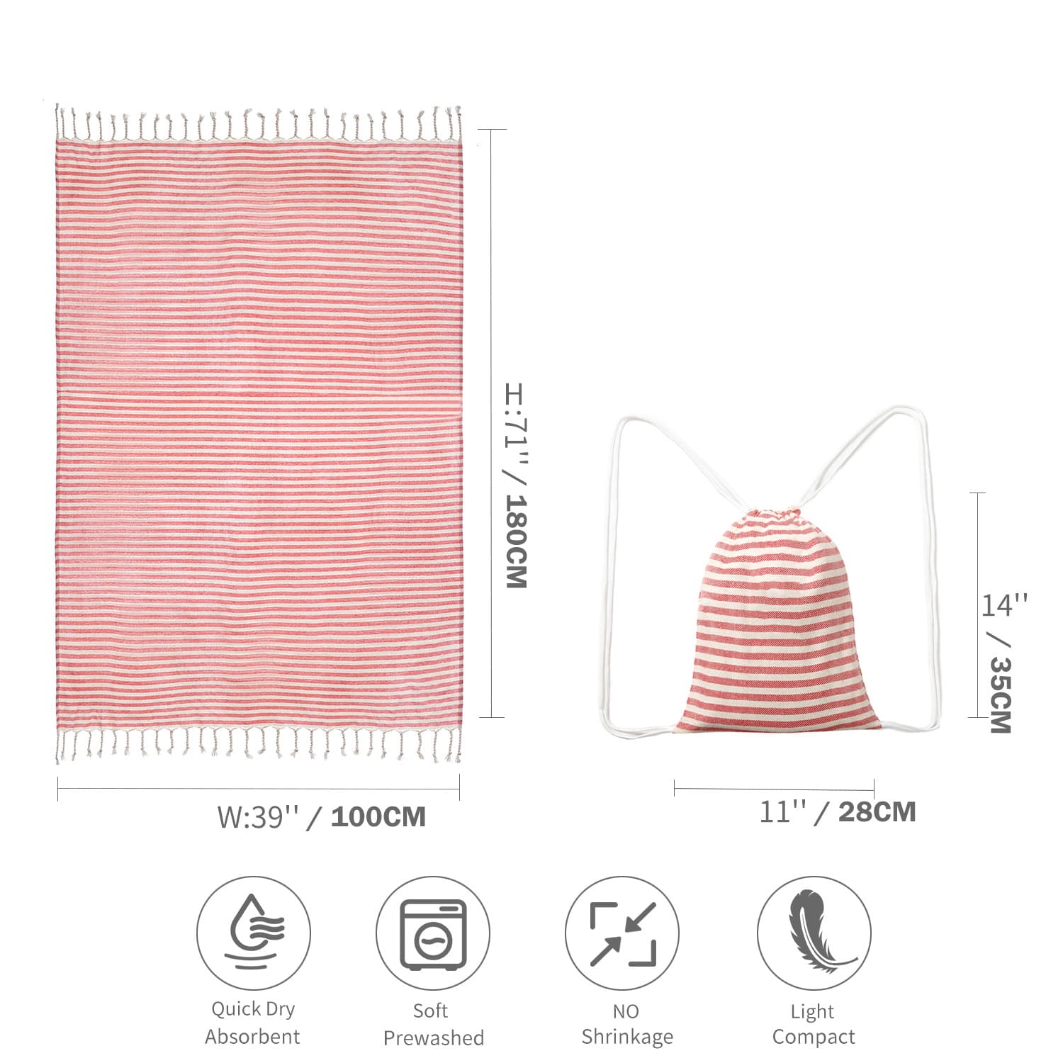Red Lightweight Nylon Drawstring Tote Bag - Multi-Pocket Casual Shoulder