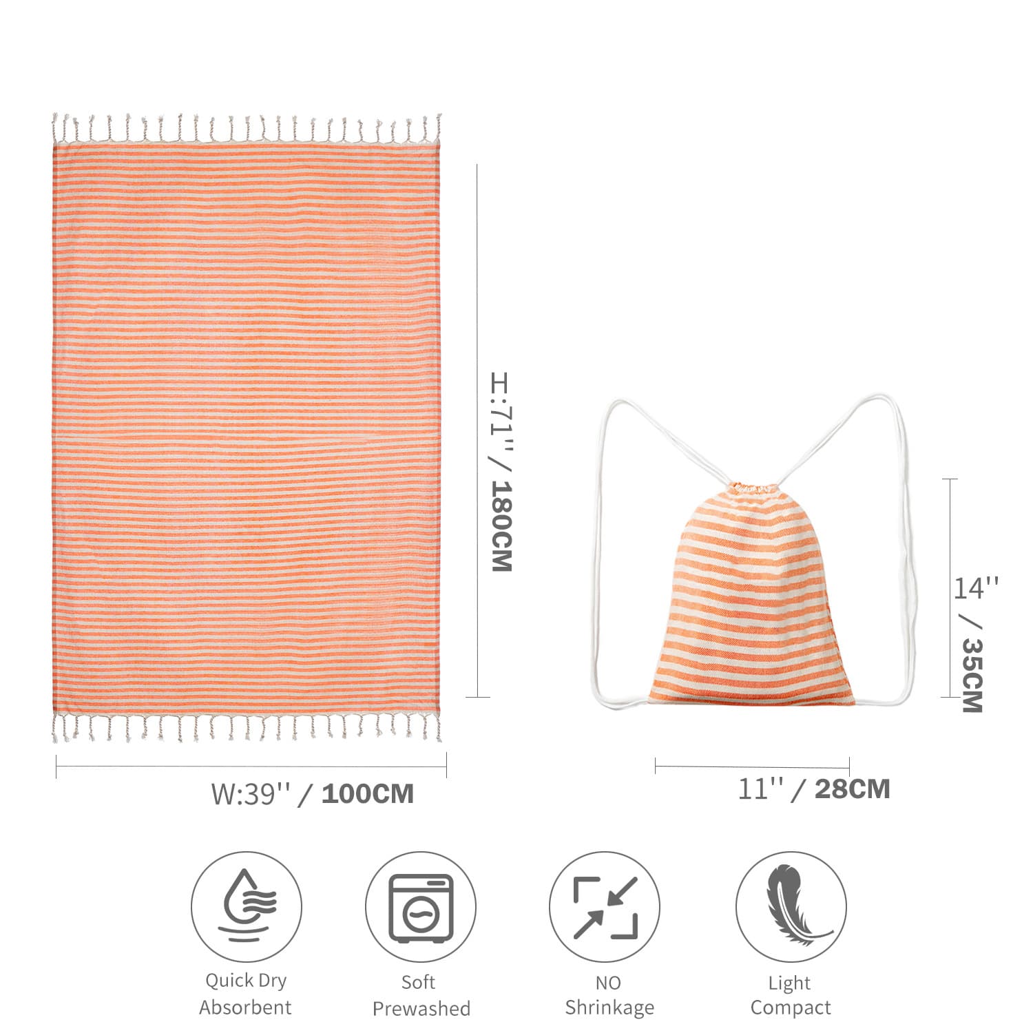Orange Lightweight Nylon Drawstring Tote Bag - Multi-Pocket Casual Shoulder